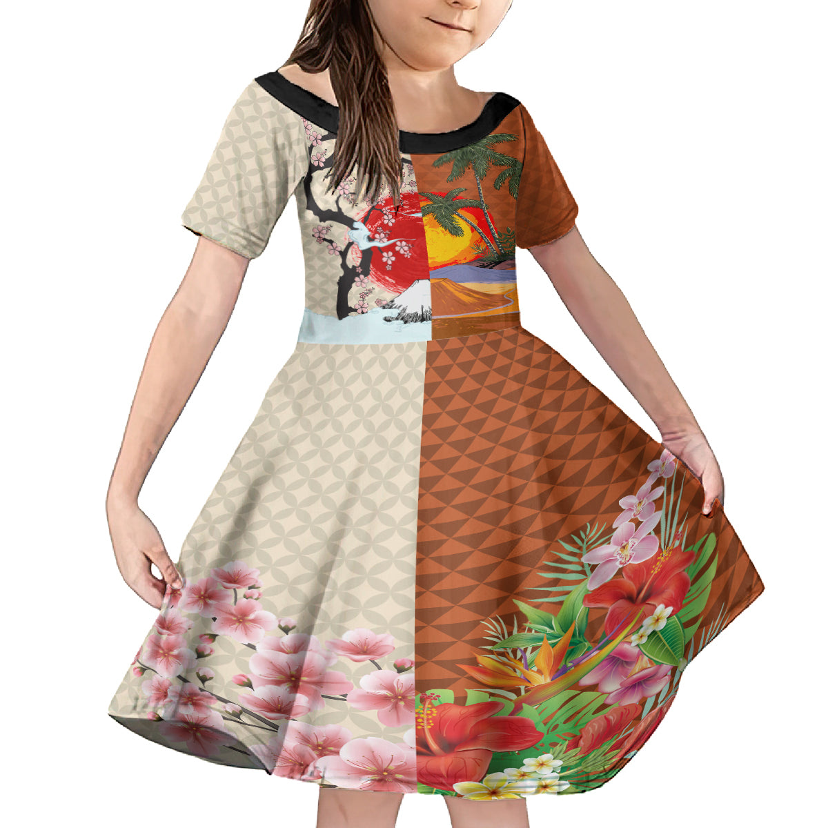 Japanese Culture Hawaii Style Family Matching Off The Shoulder Long Sleeve Dress and Hawaiian Shirt Mauna Kea and Fuji Mountains LT03 Daughter's Dress Brown - Polynesian Pride