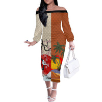 Japanese Culture Hawaii Style Family Matching Off The Shoulder Long Sleeve Dress and Hawaiian Shirt Mauna Kea and Fuji Mountains LT03 Mom's Dress Brown - Polynesian Pride