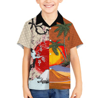 Japanese Culture Hawaii Style Family Matching Off Shoulder Maxi Dress and Hawaiian Shirt Mauna Kea and Fuji Mountains LT03 Son's Shirt Brown - Polynesian Pride