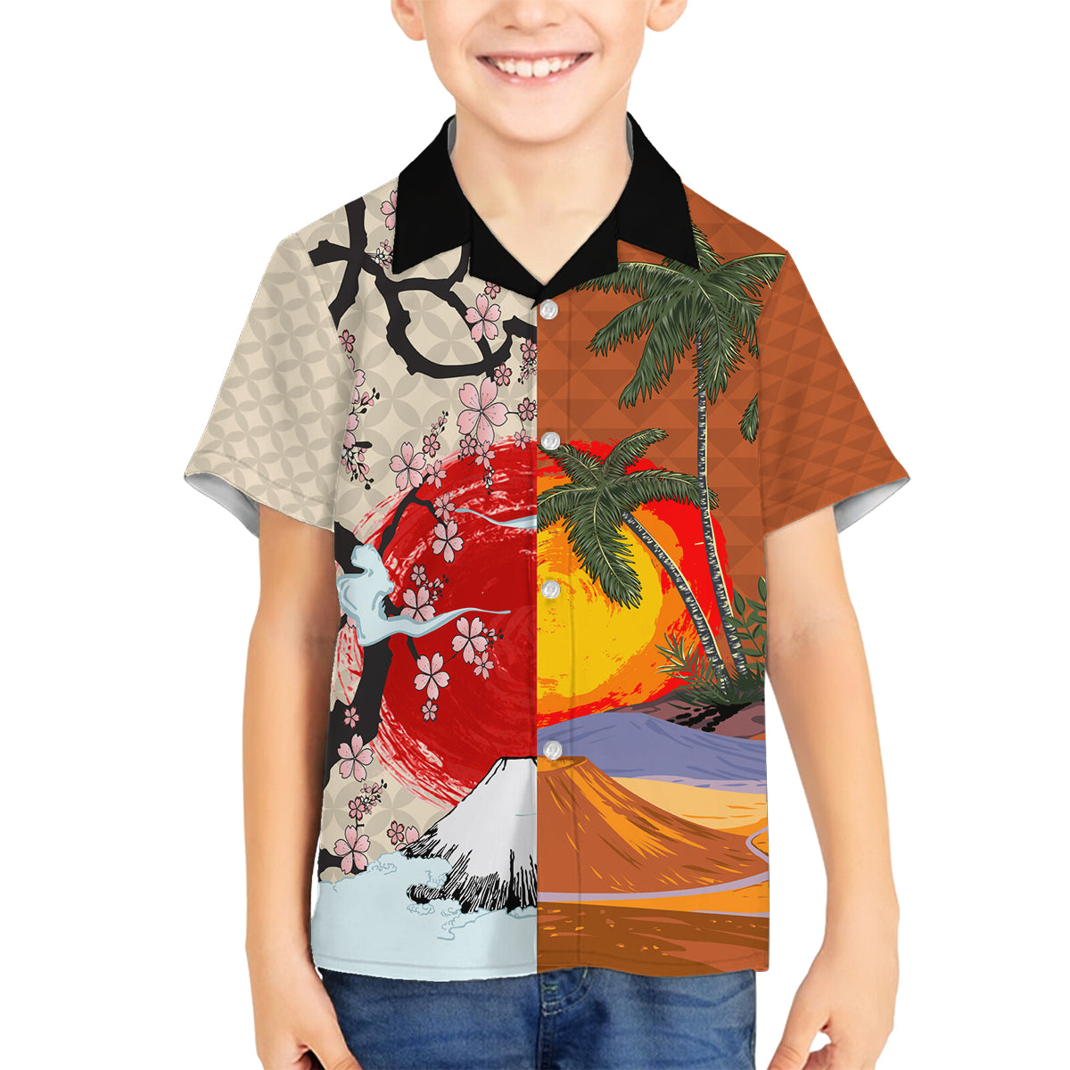 Japanese Culture Hawaii Style Family Matching Off Shoulder Short Dress and Hawaiian Shirt Mauna Kea and Fuji Mountains LT03 Son's Shirt Brown - Polynesian Pride