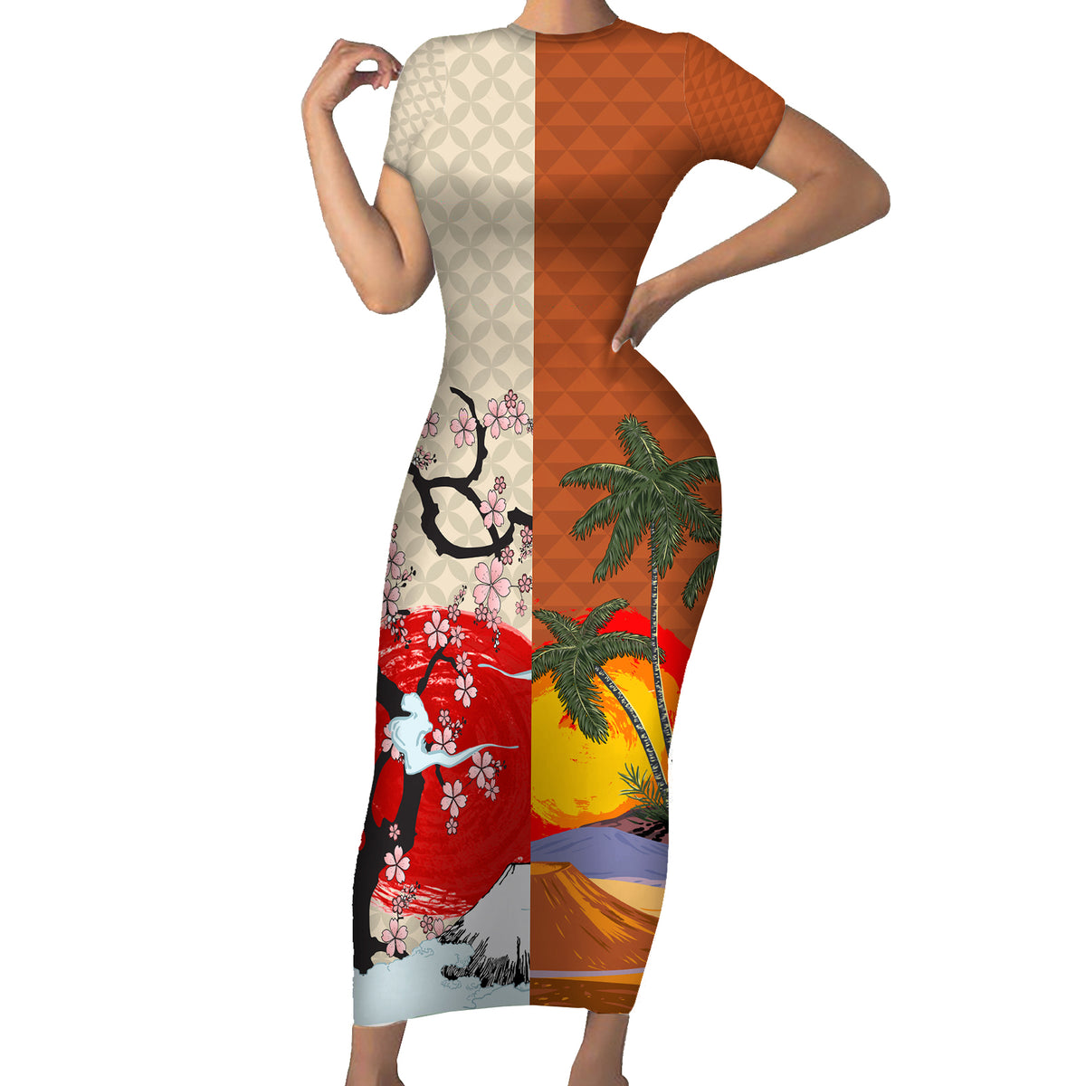Pan-Pacific Festival Family Matching Short Sleeve Bodycon Dress and Hawaiian Shirt Mauna Kea and Fuji Mountains