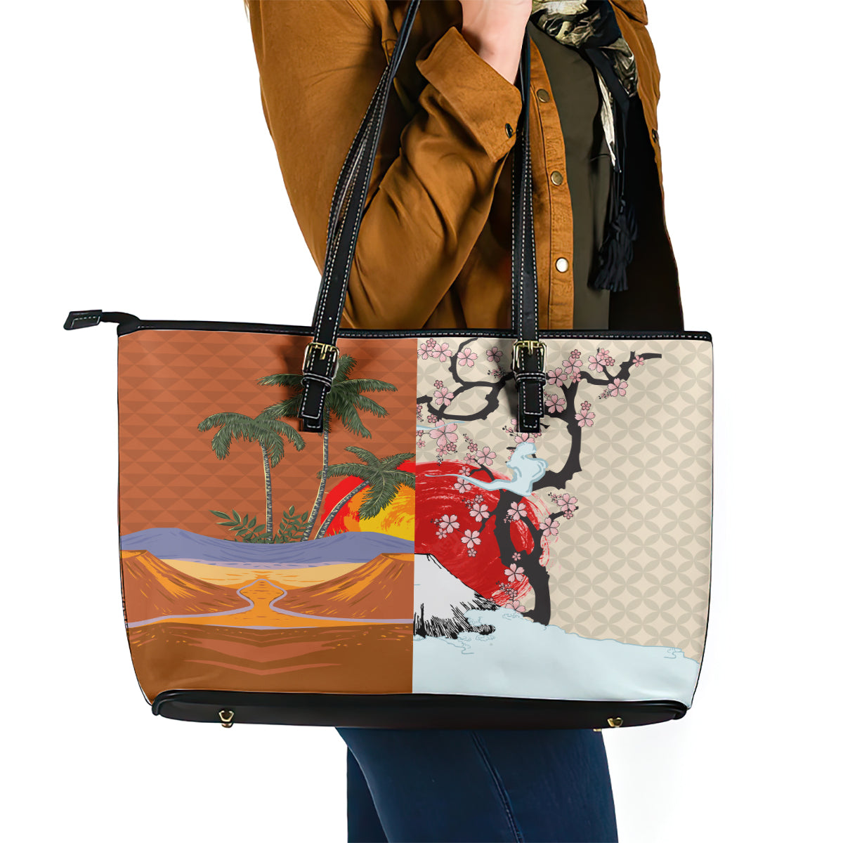 Japanese Culture Hawaii Style Leather Tote Bag Mauna Kea and Fuji Mountains LT03 - Polynesian Pride