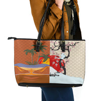Japanese Culture Hawaii Style Leather Tote Bag Mauna Kea and Fuji Mountains LT03 - Polynesian Pride
