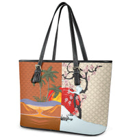 Japanese Culture Hawaii Style Leather Tote Bag Mauna Kea and Fuji Mountains LT03 - Polynesian Pride