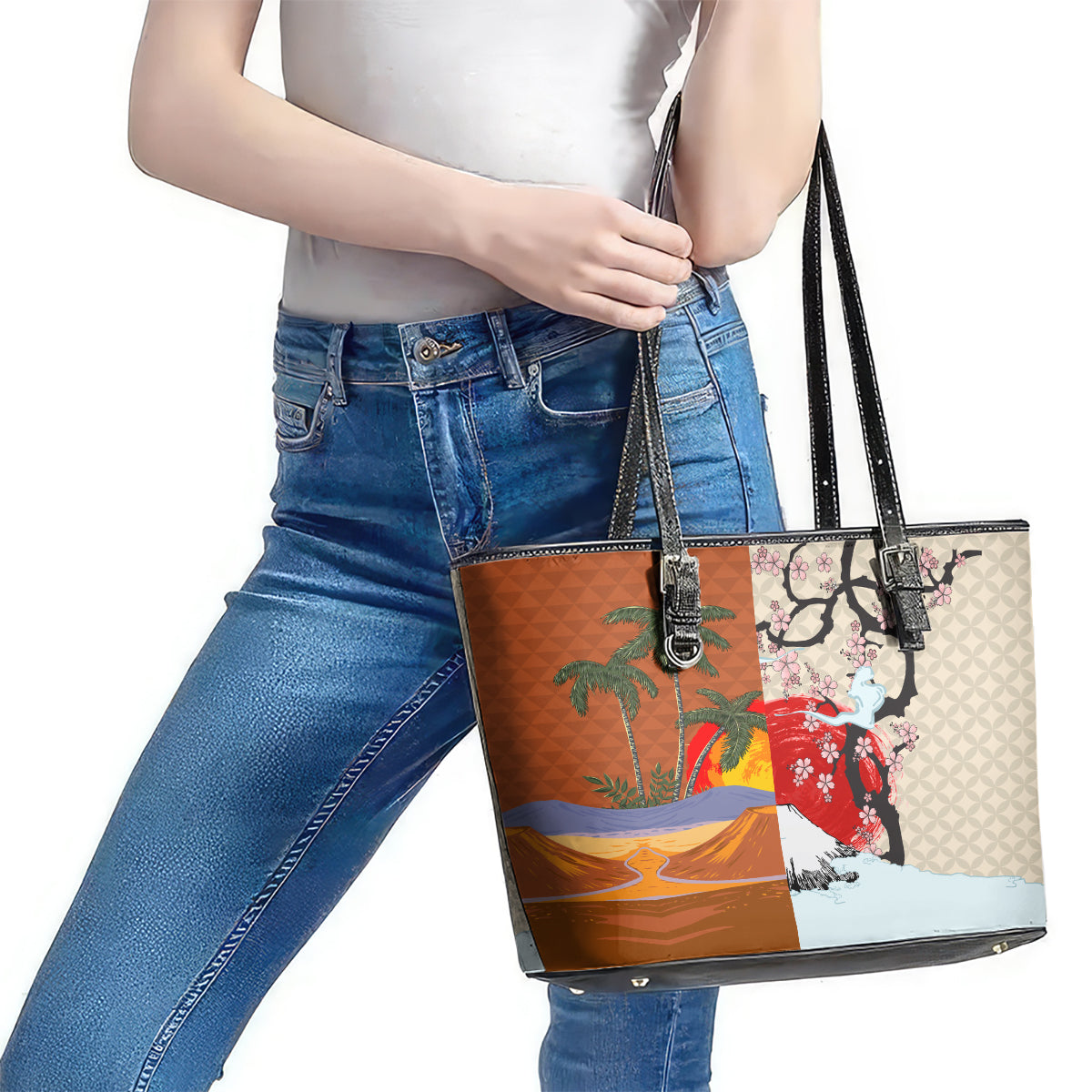 Japanese Culture Hawaii Style Leather Tote Bag Mauna Kea and Fuji Mountains LT03 - Polynesian Pride