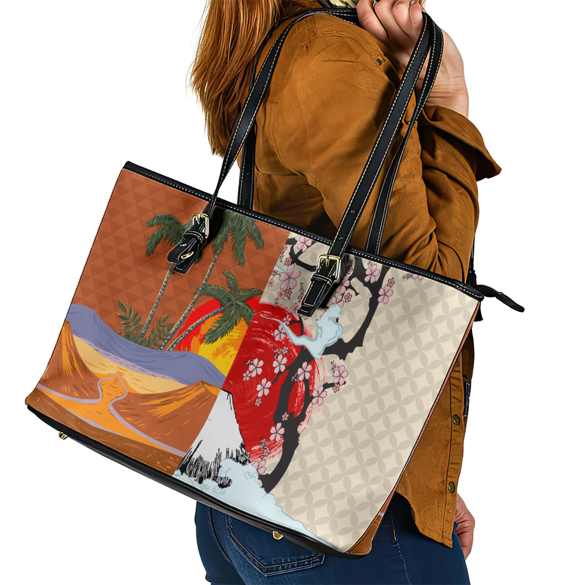Japanese Culture Hawaii Style Leather Tote Bag Mauna Kea and Fuji Mountains LT03 - Polynesian Pride