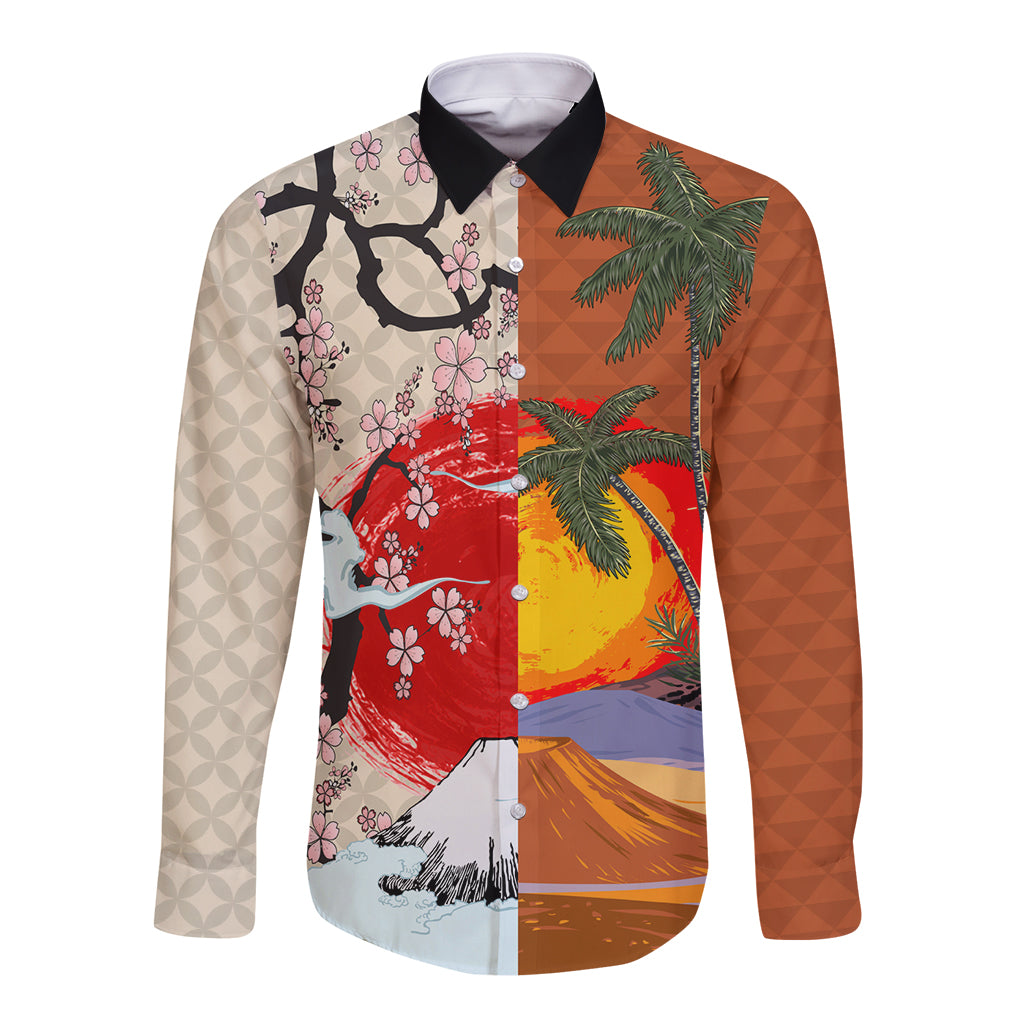 Japanese Culture Hawaii Style Long Sleeve Button Shirt Mauna Kea and Fuji Mountains LT03 Unisex Brown - Polynesian Pride