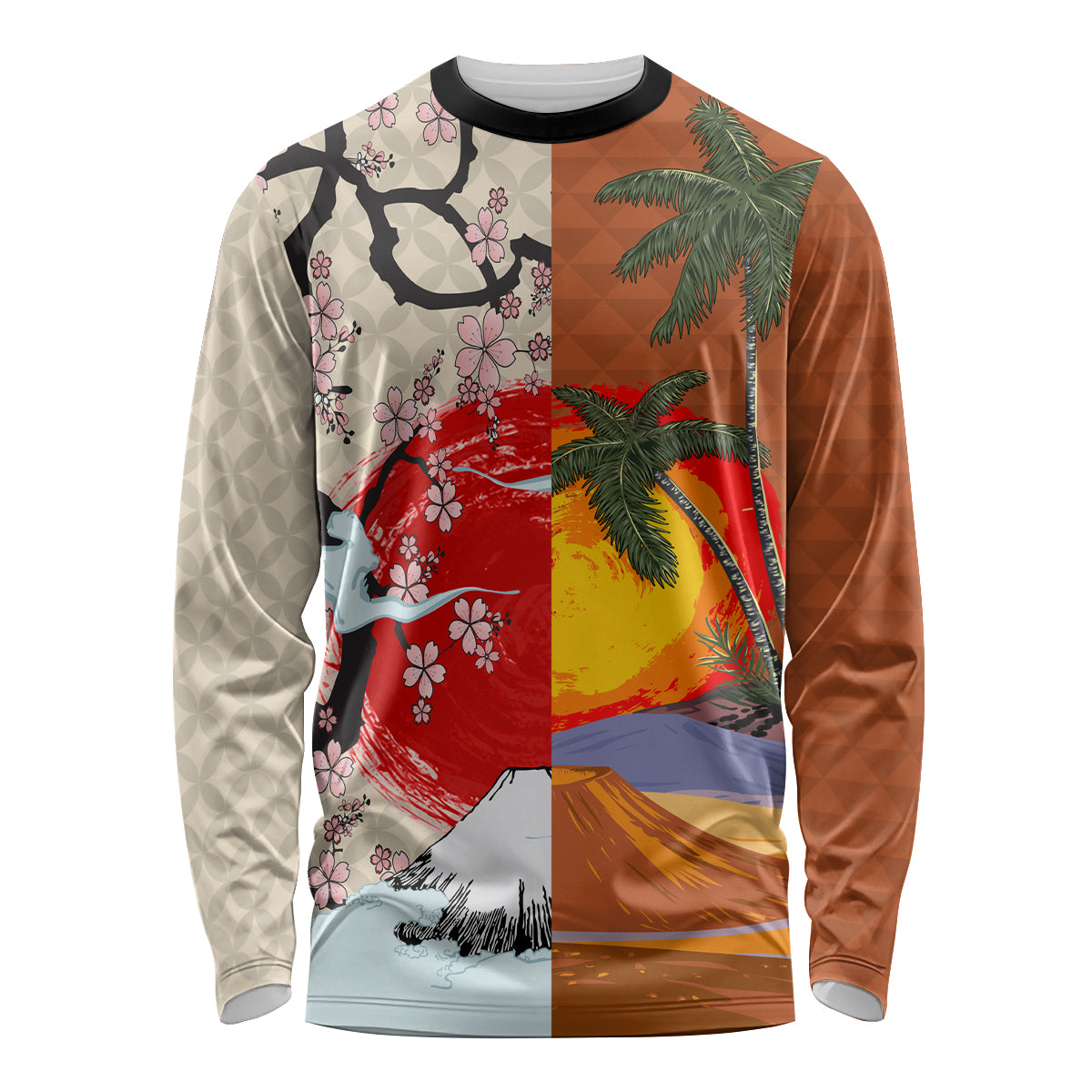 Japanese Culture Hawaii Style Long Sleeve Shirt Mauna Kea and Fuji Mountains LT03 Unisex Brown - Polynesian Pride
