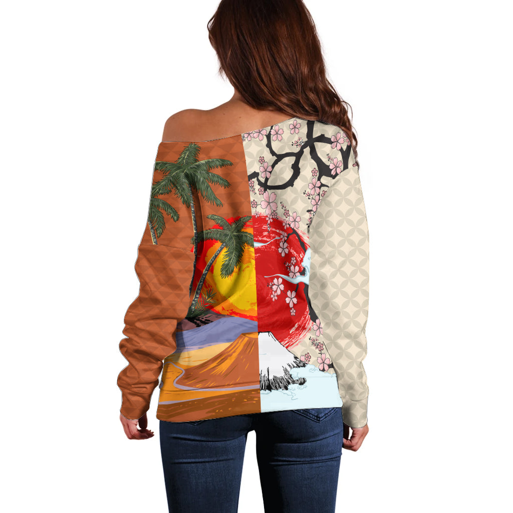 Pan-Pacific Festival Off Shoulder Sweater Mauna Kea and Fuji Mountains