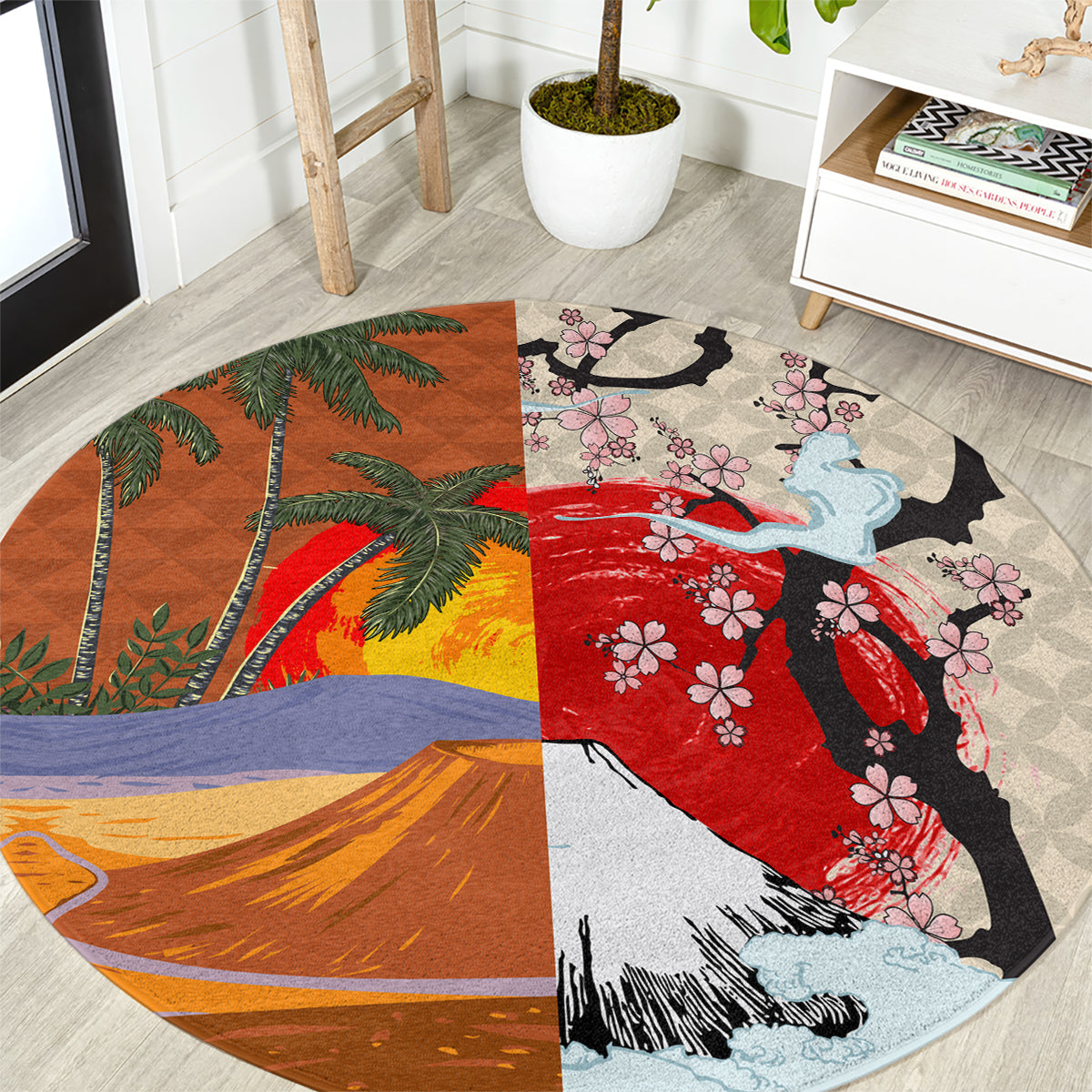 Japanese Culture Hawaii Style Round Carpet Mauna Kea and Fuji Mountains LT03 Brown - Polynesian Pride