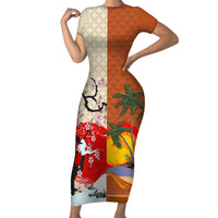 Japanese Culture Hawaii Style Short Sleeve Bodycon Dress Mauna Kea and Fuji Mountains LT03 Long Dress Brown - Polynesian Pride