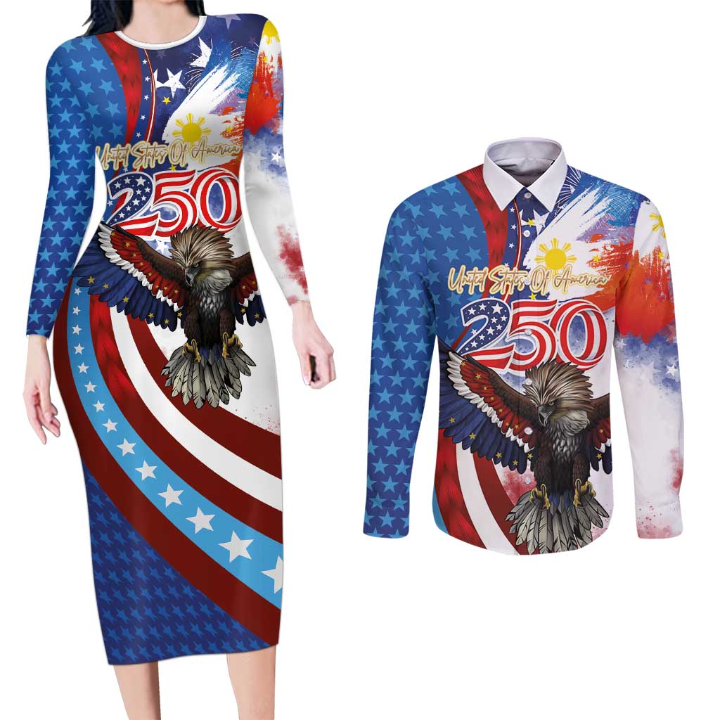 Philippines and United States Semiquincentennial Couples Matching Long Sleeve Bodycon Dress and Long Sleeve Button Shirt Eagle and National Flag Style