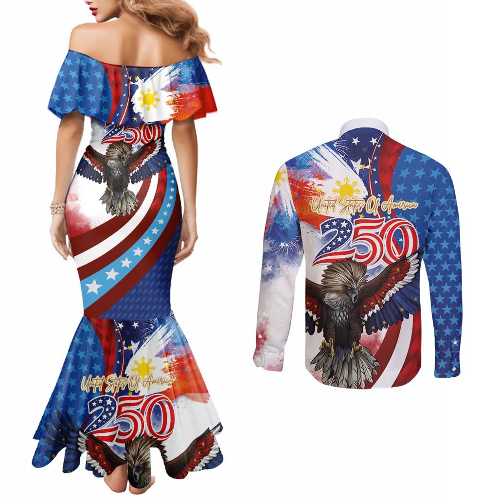 Philippines and United States Semiquincentennial Couples Matching Mermaid Dress and Long Sleeve Button Shirt Eagle and National Flag Style