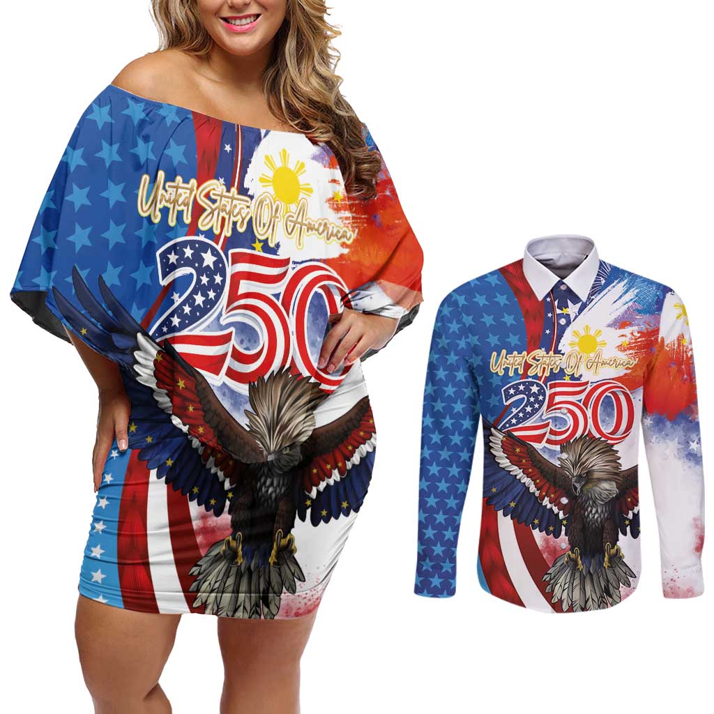 Philippines and United States Semiquincentennial Couples Matching Off Shoulder Short Dress and Long Sleeve Button Shirt Eagle and National Flag Style