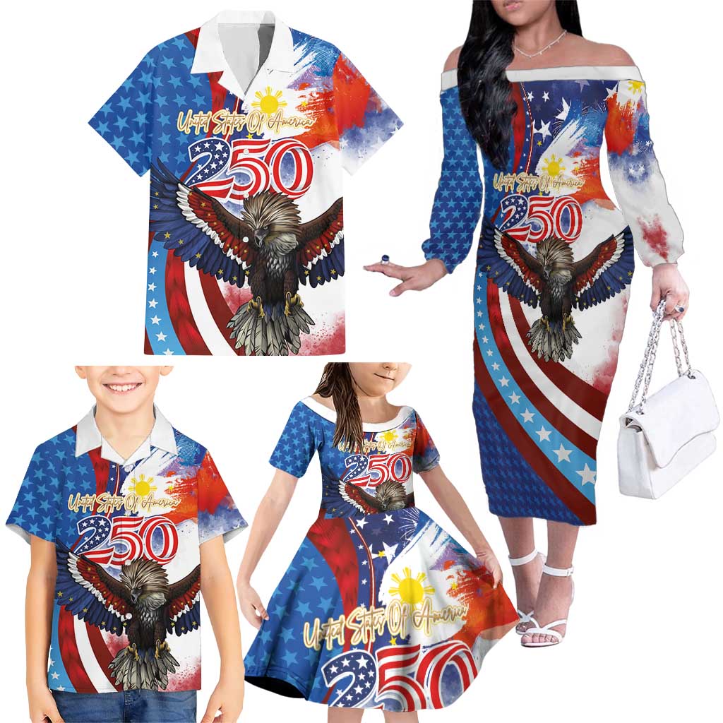 Philippines and United States Semiquincentennial Family Matching Off The Shoulder Long Sleeve Dress and Hawaiian Shirt Eagle and National Flag Style