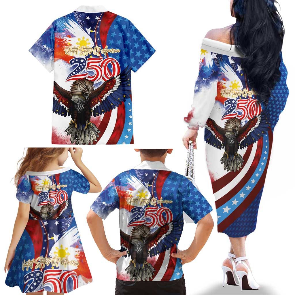 Philippines and United States Semiquincentennial Family Matching Off The Shoulder Long Sleeve Dress and Hawaiian Shirt Eagle and National Flag Style