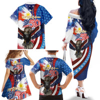 Philippines and United States Semiquincentennial Family Matching Off The Shoulder Long Sleeve Dress and Hawaiian Shirt Eagle and National Flag Style