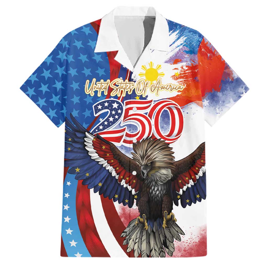 Philippines and United States Semiquincentennial Family Matching Off The Shoulder Long Sleeve Dress and Hawaiian Shirt Eagle and National Flag Style