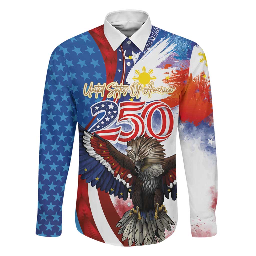 Philippines and United States Semiquincentennial Family Matching Off The Shoulder Long Sleeve Dress and Hawaiian Shirt Eagle and National Flag Style