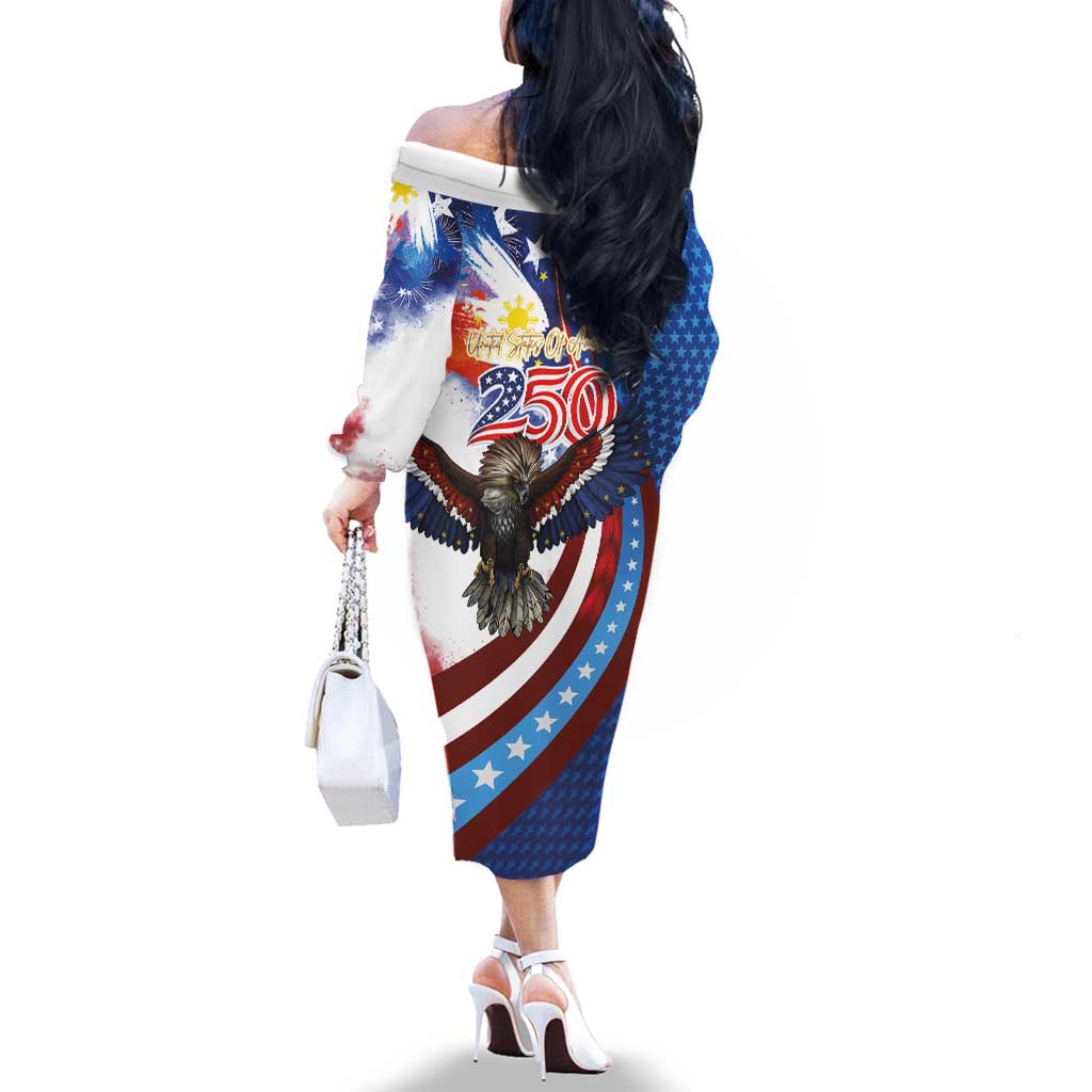Philippines and United States Semiquincentennial Family Matching Off The Shoulder Long Sleeve Dress and Hawaiian Shirt Eagle and National Flag Style