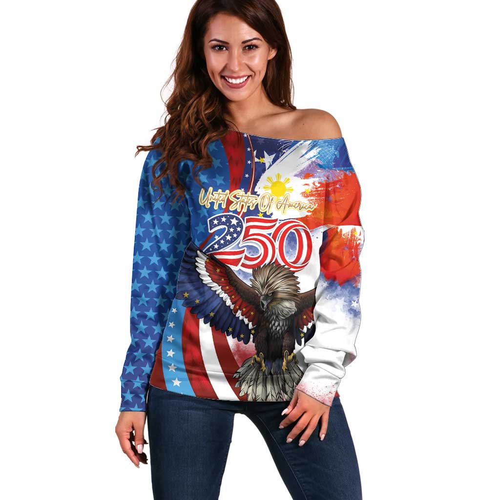Philippines and United States Semiquincentennial Off Shoulder Sweater Eagle and National Flag Style