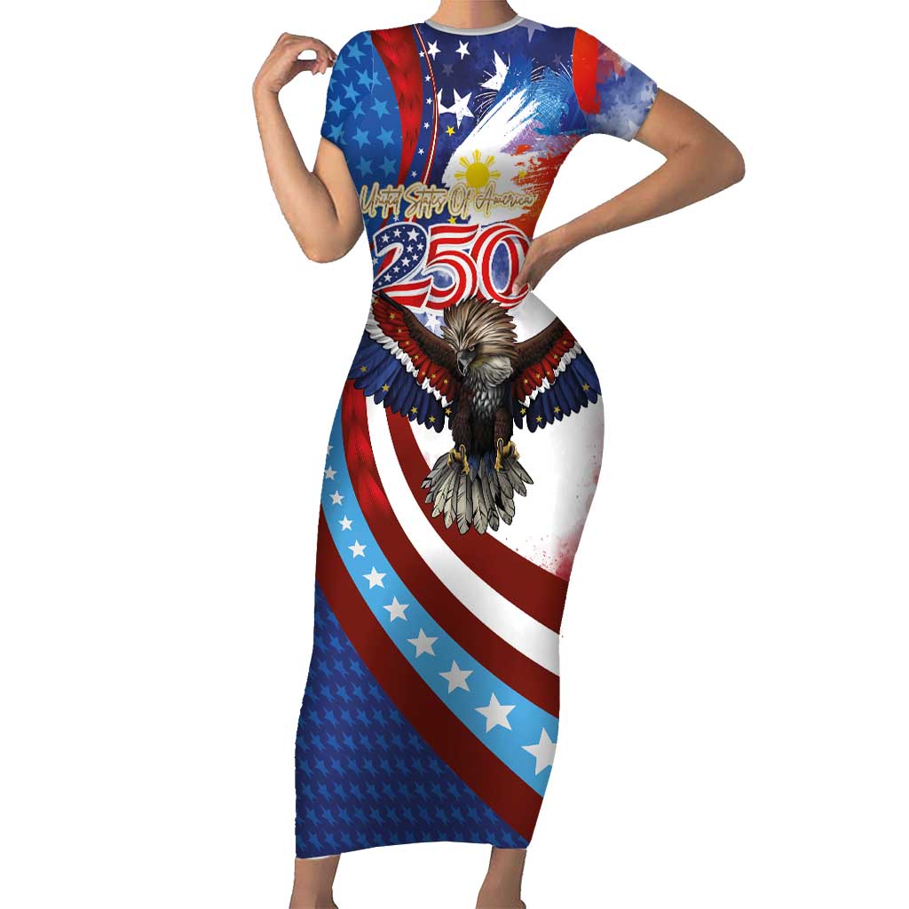 Philippines and United States Semiquincentennial Short Sleeve Bodycon Dress Eagle and National Flag Style