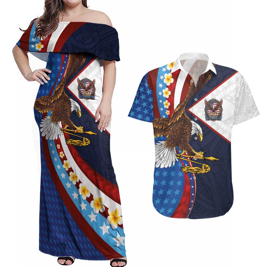 American Samoa and United States Semiquincentennial Couples Matching Off Shoulder Maxi Dress and Hawaiian Shirt Bald Eagle with National Flag Style LT03 Multicolor - Polynesian Pride