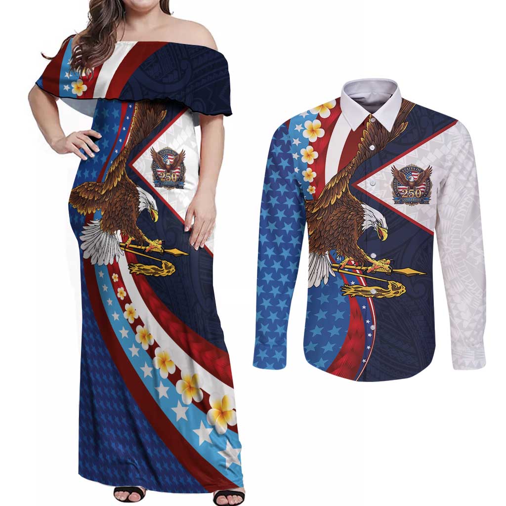 American Samoa and United States Semiquincentennial Couples Matching Off Shoulder Maxi Dress and Long Sleeve Button Shirt Bald Eagle with National Flag Style