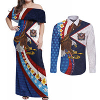 American Samoa and United States Semiquincentennial Couples Matching Off Shoulder Maxi Dress and Long Sleeve Button Shirt Bald Eagle with National Flag Style