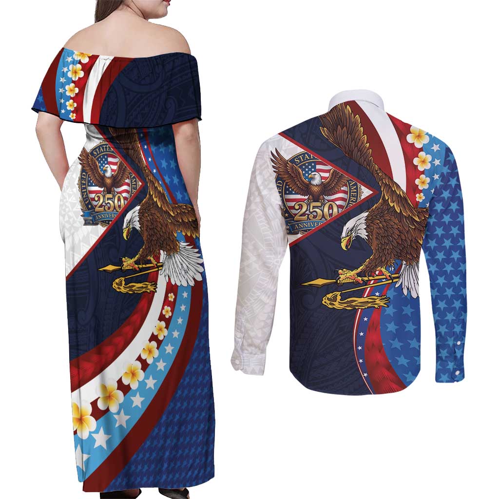 American Samoa and United States Semiquincentennial Couples Matching Off Shoulder Maxi Dress and Long Sleeve Button Shirt Bald Eagle with National Flag Style