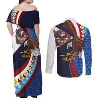 American Samoa and United States Semiquincentennial Couples Matching Off Shoulder Maxi Dress and Long Sleeve Button Shirt Bald Eagle with National Flag Style
