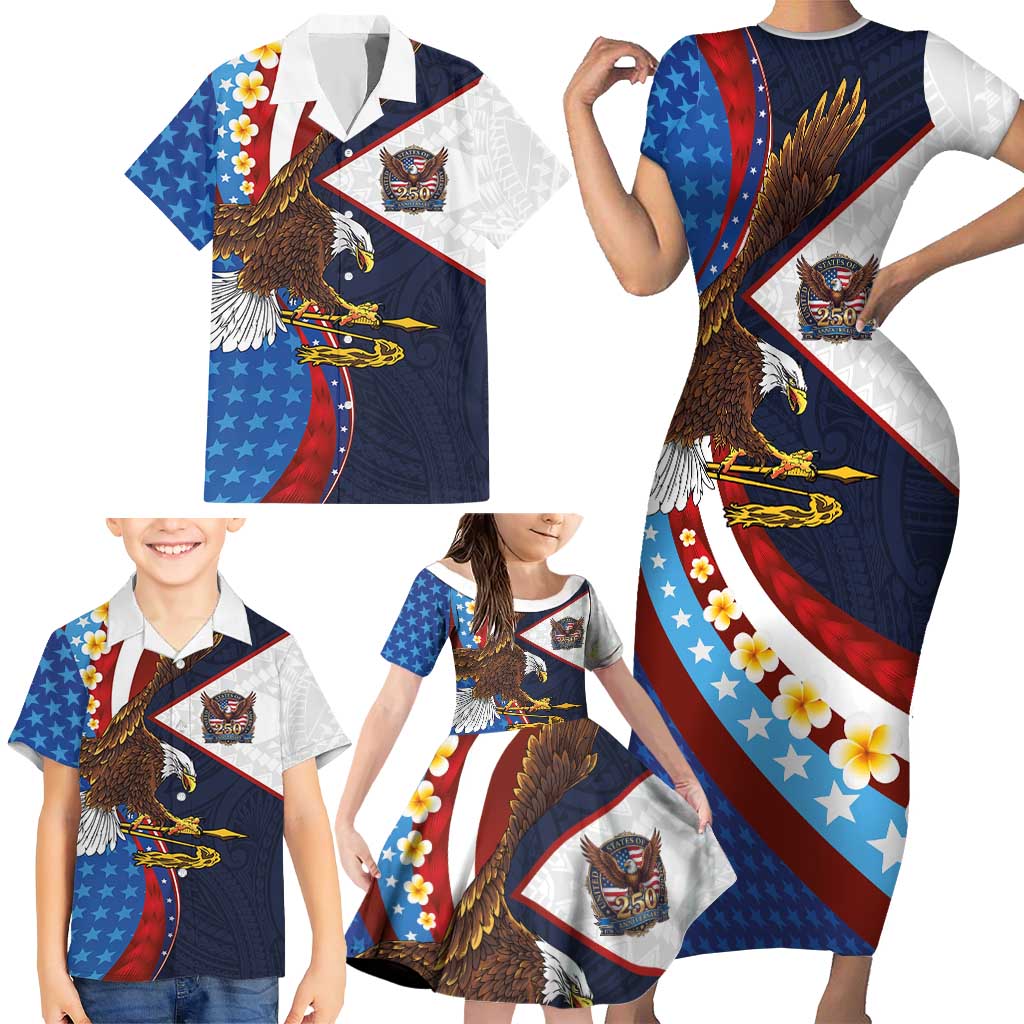 American Samoa and United States Semiquincentennial Family Matching Short Sleeve Bodycon Dress and Hawaiian Shirt Bald Eagle with National Flag Style