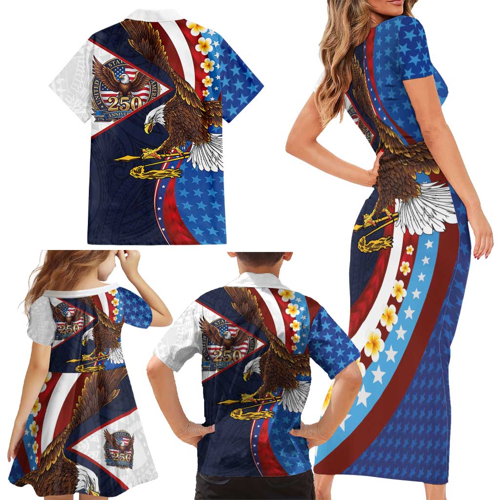 American Samoa and United States Semiquincentennial Family Matching Short Sleeve Bodycon Dress and Hawaiian Shirt Bald Eagle with National Flag Style