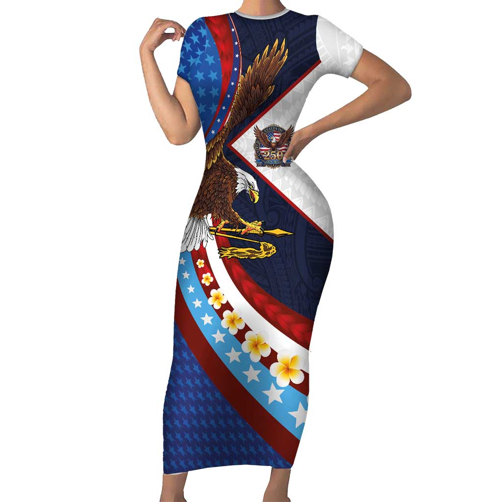 American Samoa and United States Semiquincentennial Family Matching Short Sleeve Bodycon Dress and Hawaiian Shirt Bald Eagle with National Flag Style