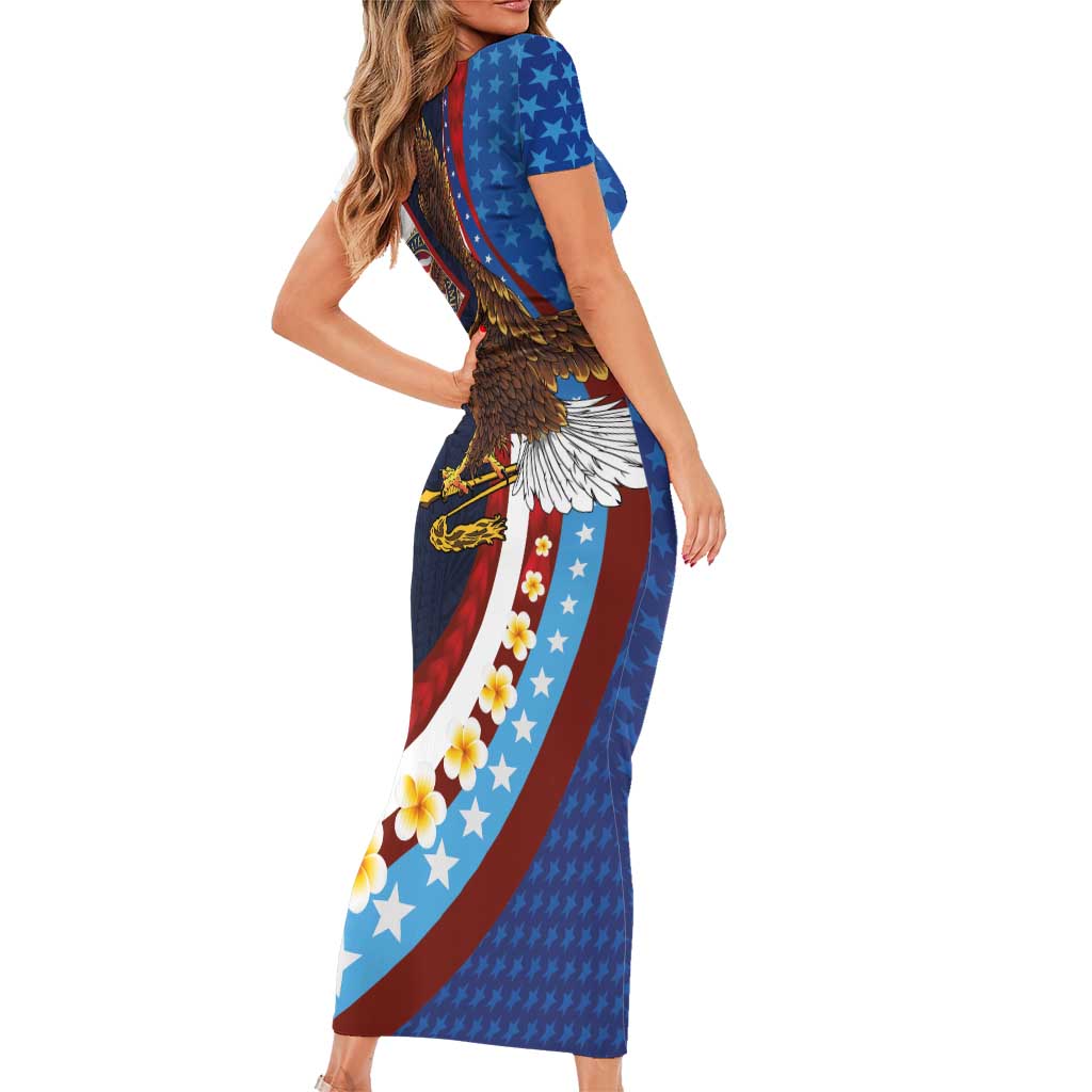 American Samoa and United States Semiquincentennial Family Matching Short Sleeve Bodycon Dress and Hawaiian Shirt Bald Eagle with National Flag Style