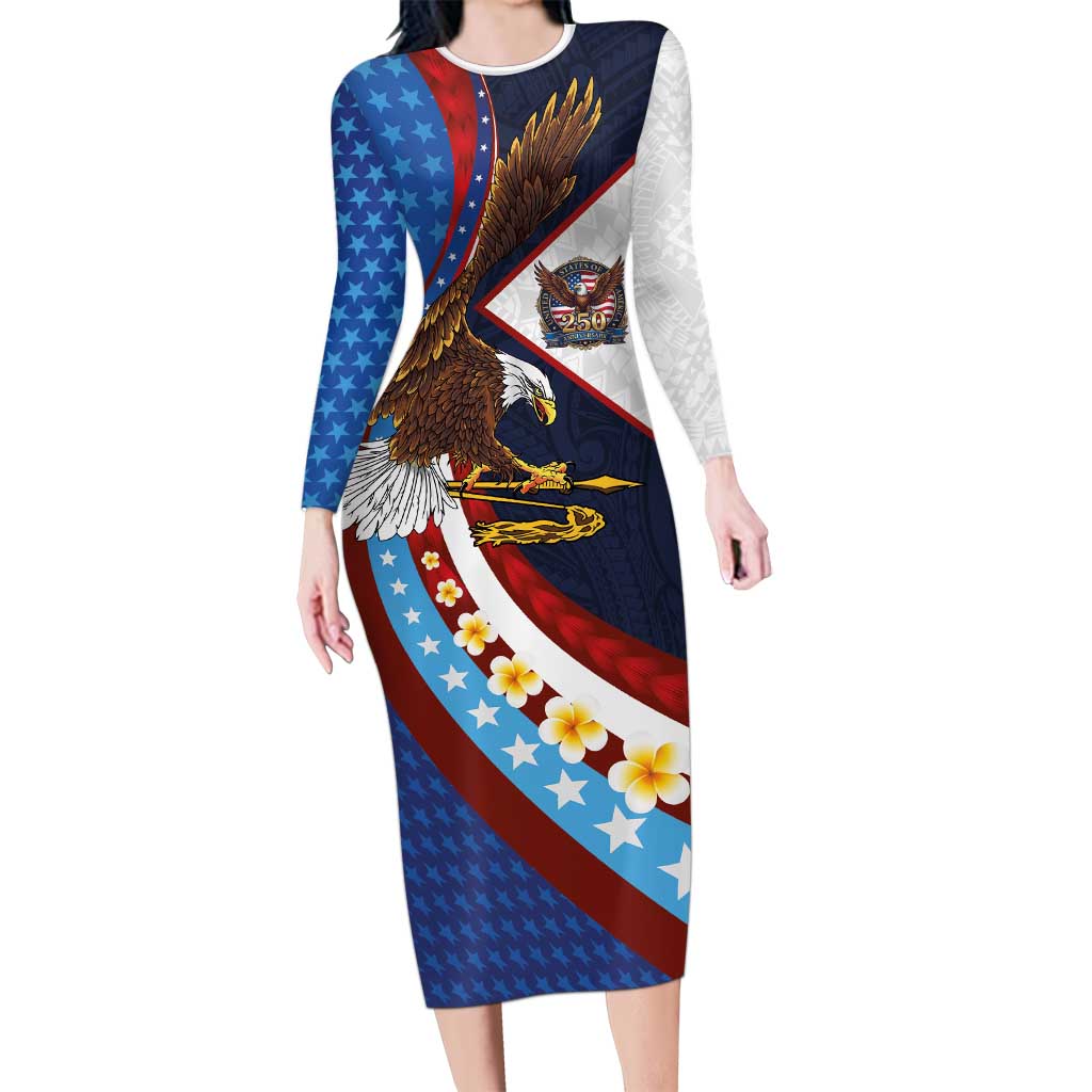 American Samoa and United States Semiquincentennial Long Sleeve Bodycon Dress Bald Eagle with National Flag Style LT03 Long Dress Multicolor - Polynesian Pride