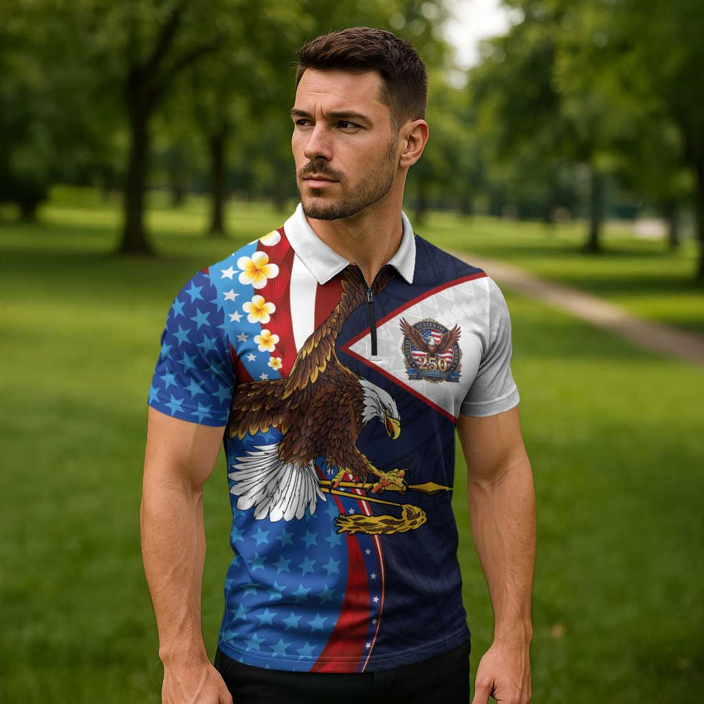 American Samoa and United States Semiquincentennial Zipper Polo Shirt Bald Eagle with National Flag Style LT03 - Polynesian Pride