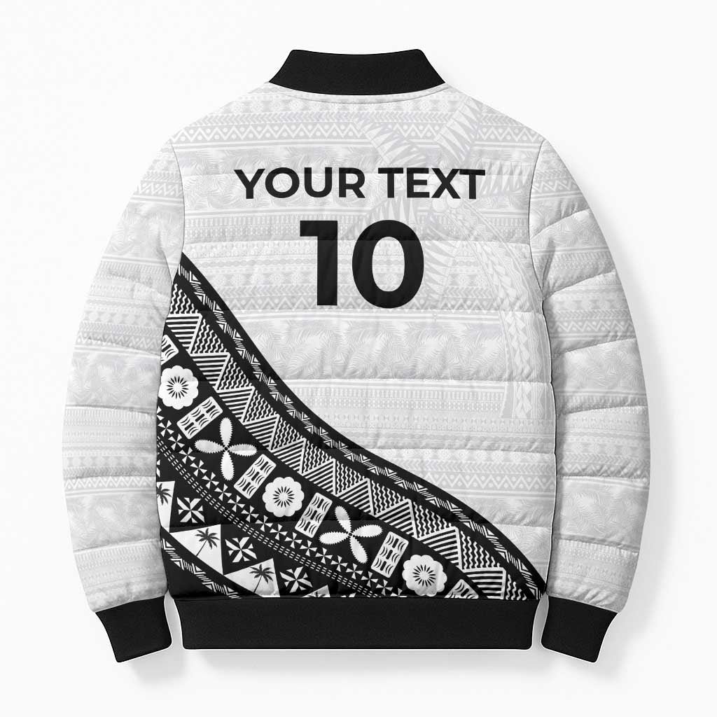 Custom Fijian Rugby Bomber Puffer Jacket Tapa Pattern and Palm Tree Tribal