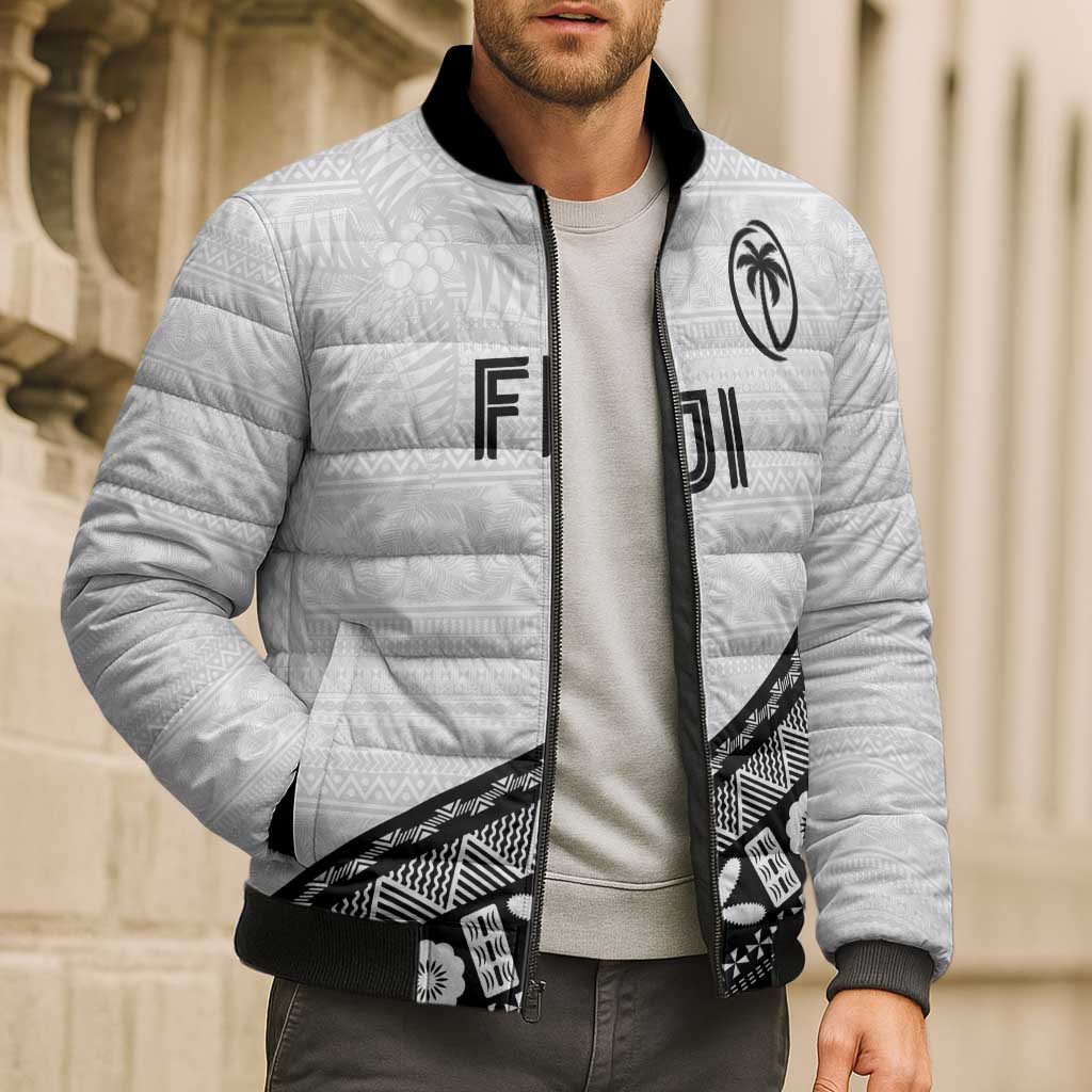 Custom Fijian Rugby Bomber Puffer Jacket Tapa Pattern and Palm Tree Tribal