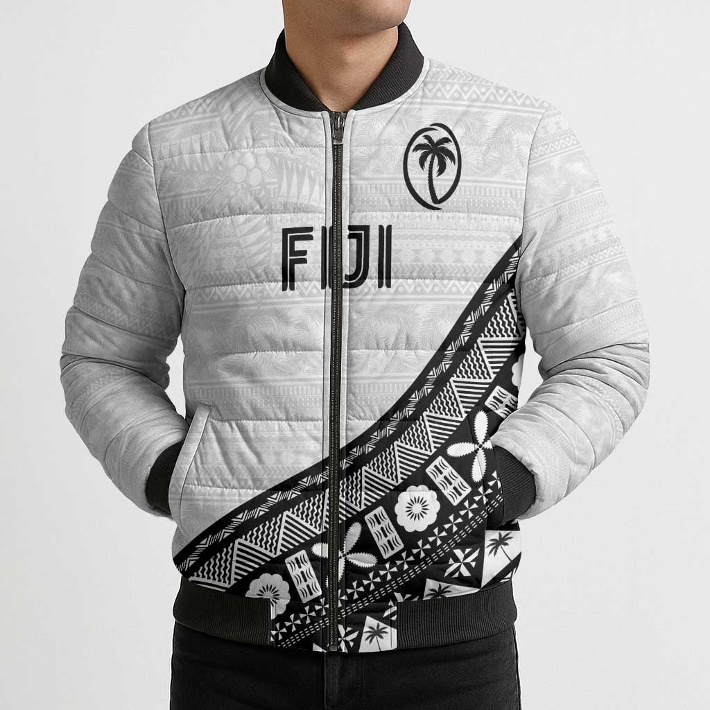 Custom Fijian Rugby Bomber Puffer Jacket Tapa Pattern and Palm Tree Tribal