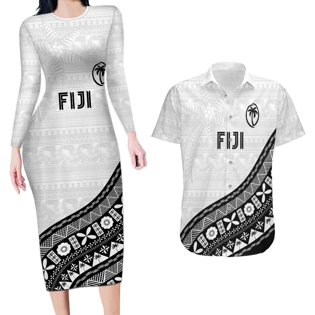 Custom Fijian Rugby Couples Matching Long Sleeve Bodycon Dress and Hawaiian Shirt Tapa Pattern and Palm Tree Tribal
