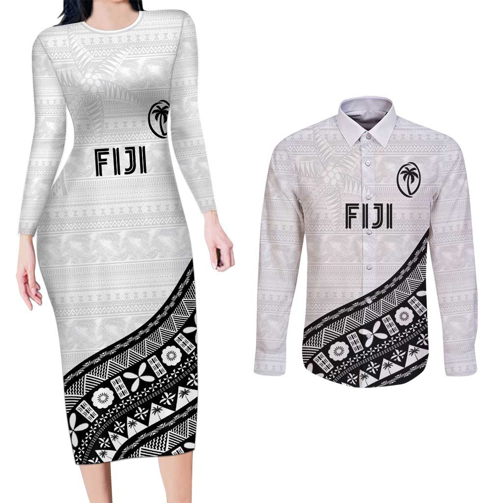 Custom Fijian Rugby Couples Matching Long Sleeve Bodycon Dress and Long Sleeve Button Shirt Tapa Pattern and Palm Tree Tribal