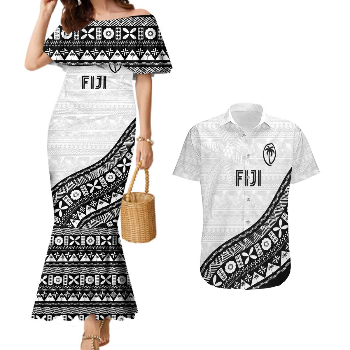 Custom Fijian Rugby Couples Matching Mermaid Dress and Hawaiian Shirt Tapa Pattern and Palm Tree Tribal
