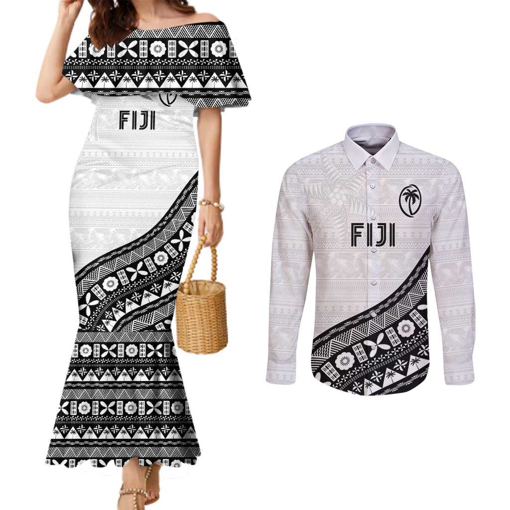 Custom Fijian Rugby Couples Matching Mermaid Dress and Long Sleeve Button Shirt Tapa Pattern and Palm Tree Tribal