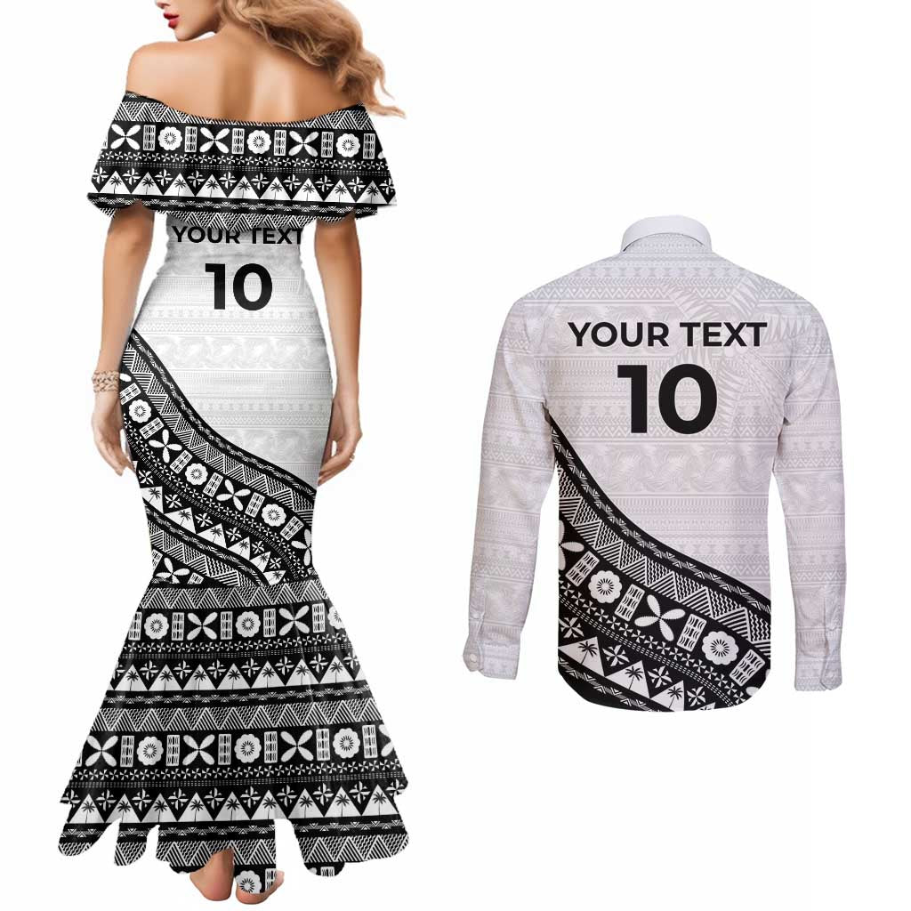 Custom Fijian Rugby Couples Matching Mermaid Dress and Long Sleeve Button Shirt Tapa Pattern and Palm Tree Tribal LT03 - Polynesian Pride