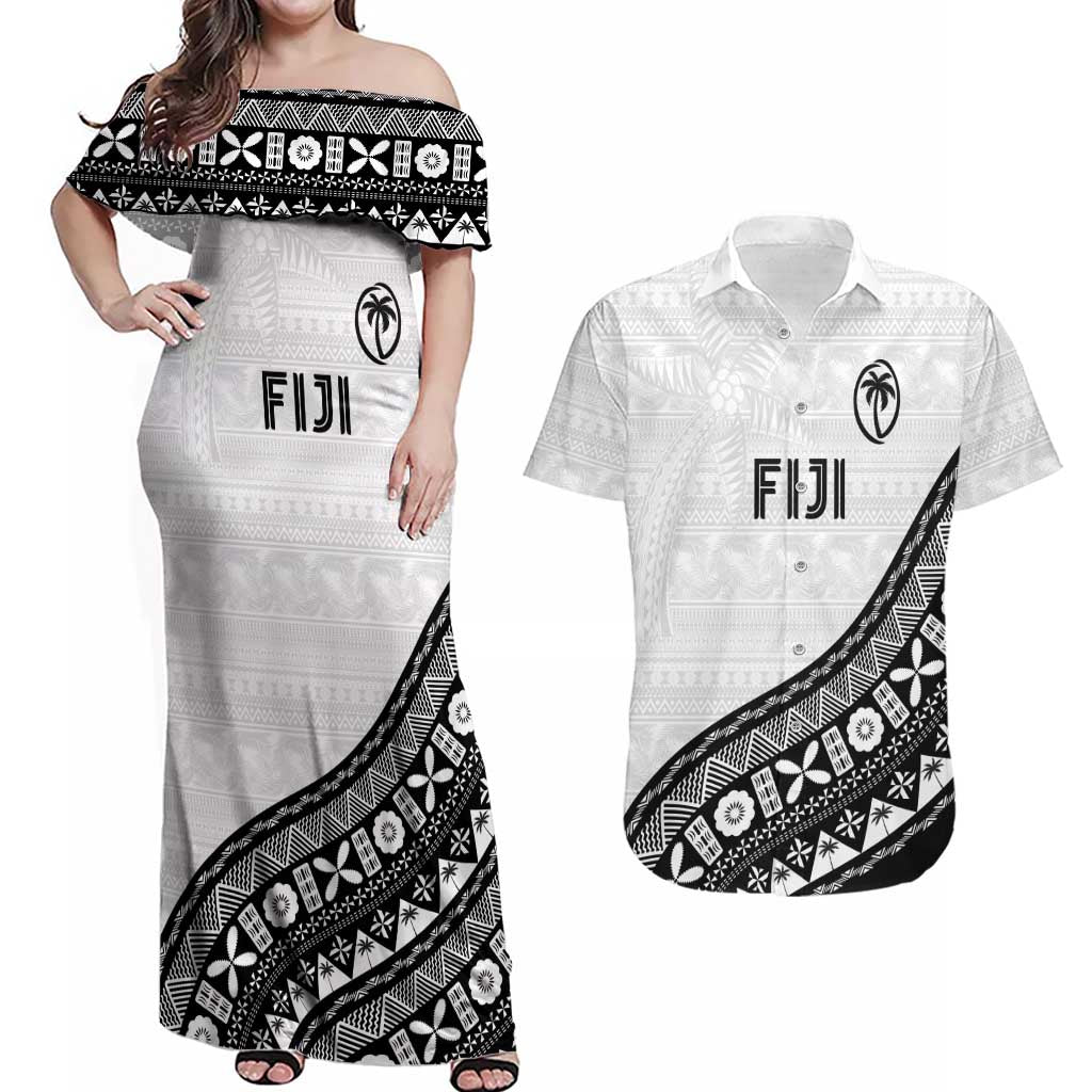 Custom Fijian Rugby Couples Matching Off Shoulder Maxi Dress and Hawaiian Shirt Tapa Pattern and Palm Tree Tribal