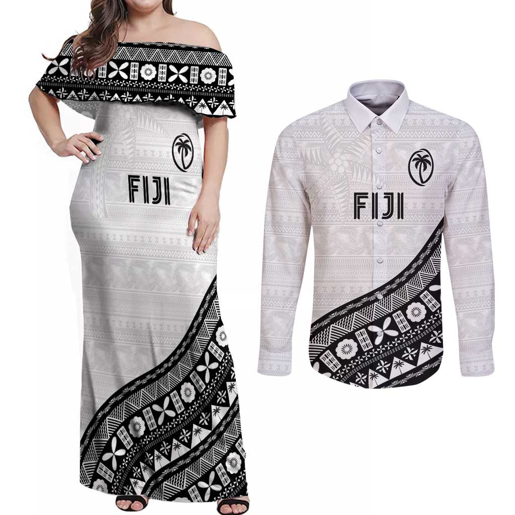 Custom Fijian Rugby Couples Matching Off Shoulder Maxi Dress and Long Sleeve Button Shirt Tapa Pattern and Palm Tree Tribal