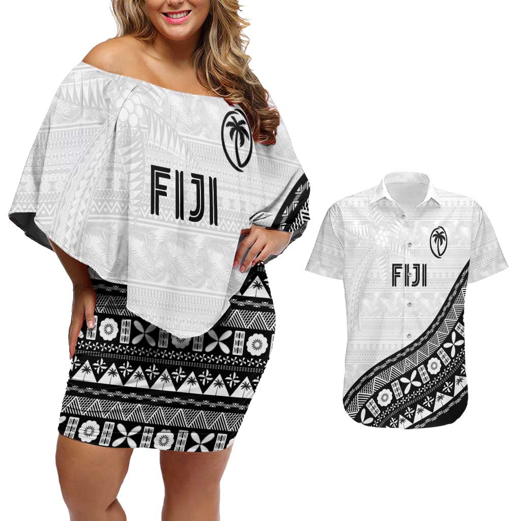 Custom Fijian Rugby Couples Matching Off Shoulder Short Dress and Hawaiian Shirt Tapa Pattern and Palm Tree Tribal