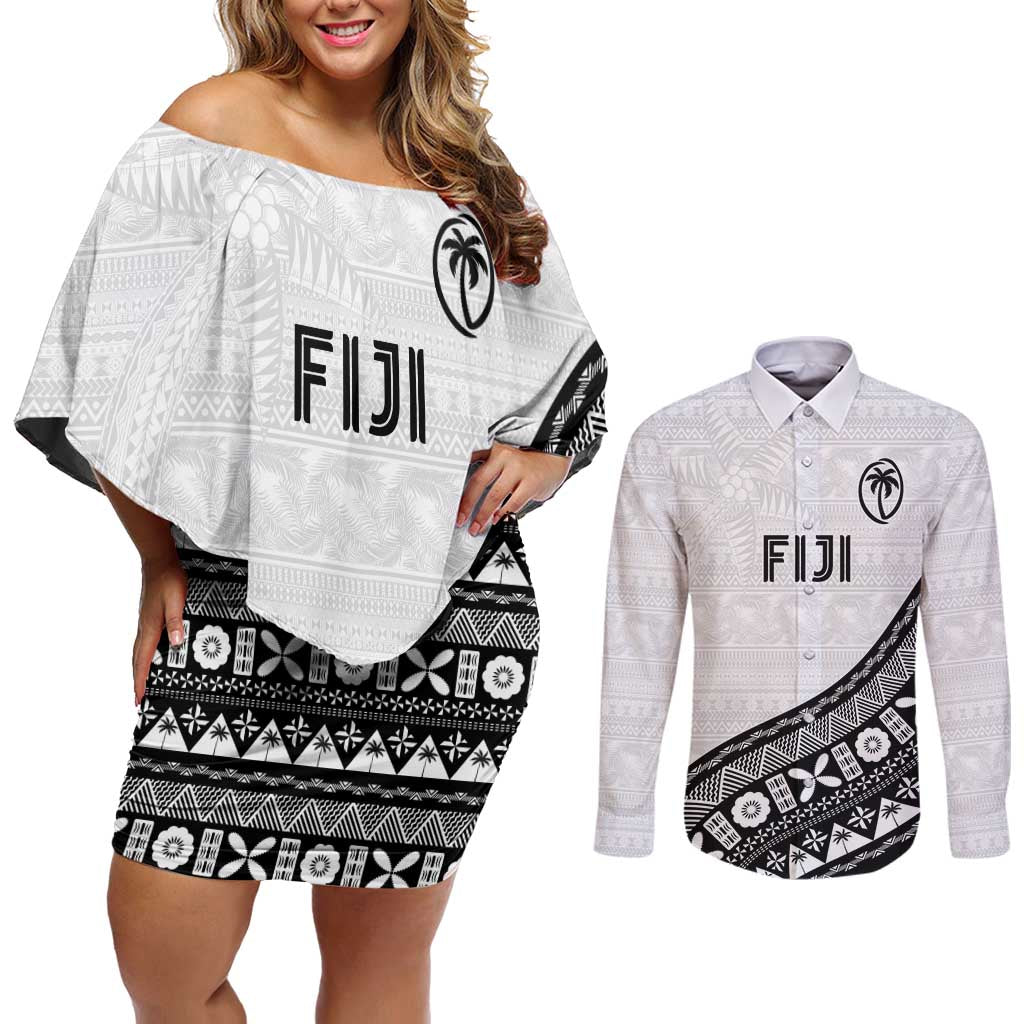 Custom Fijian Rugby Couples Matching Off Shoulder Short Dress and Long Sleeve Button Shirt Tapa Pattern and Palm Tree Tribal