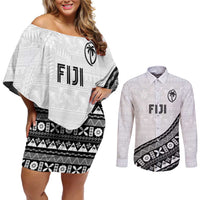 Custom Fijian Rugby Couples Matching Off Shoulder Short Dress and Long Sleeve Button Shirt Tapa Pattern and Palm Tree Tribal LT03 White - Polynesian Pride